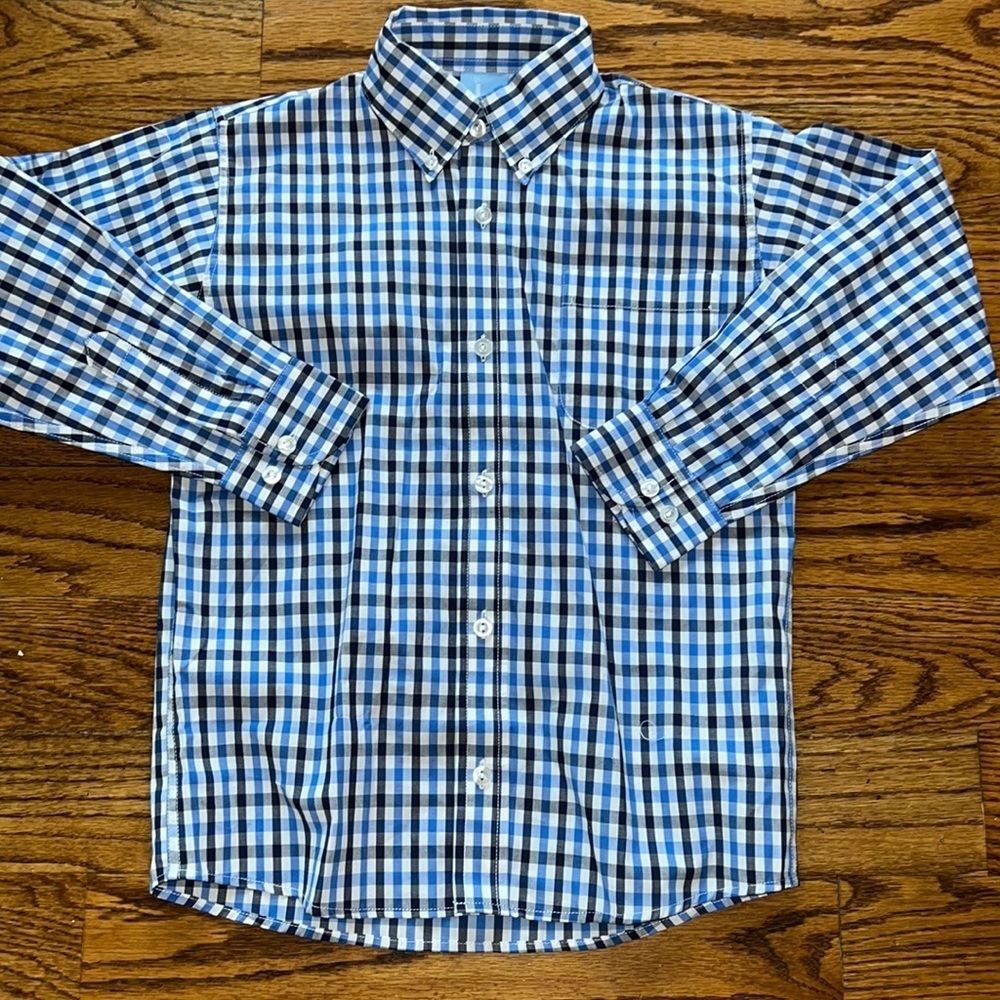 Bella Bliss boys long sleeved button down shirt blue plaid print size 14 NWT